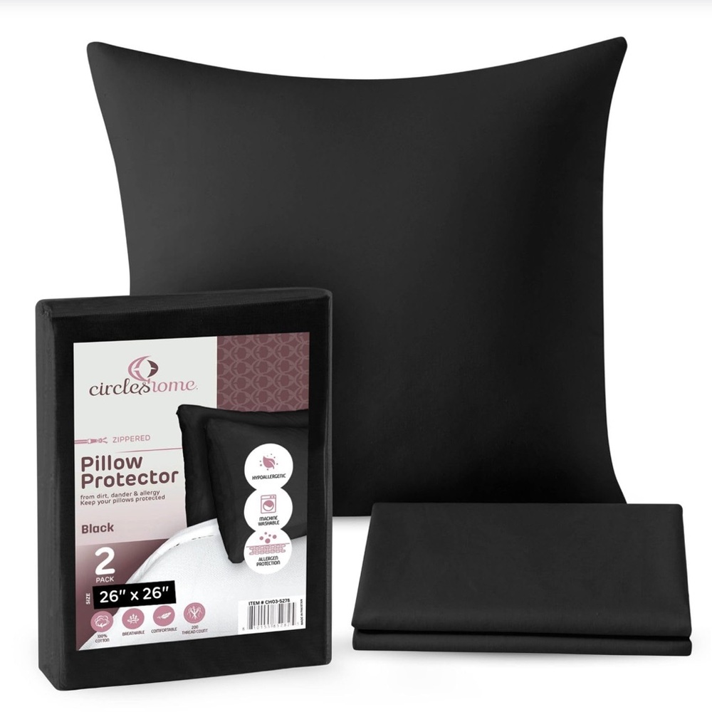 100% Cotton Pillow Protectors with Zipper- BLACK LARGE 26x26” (2-Pack)